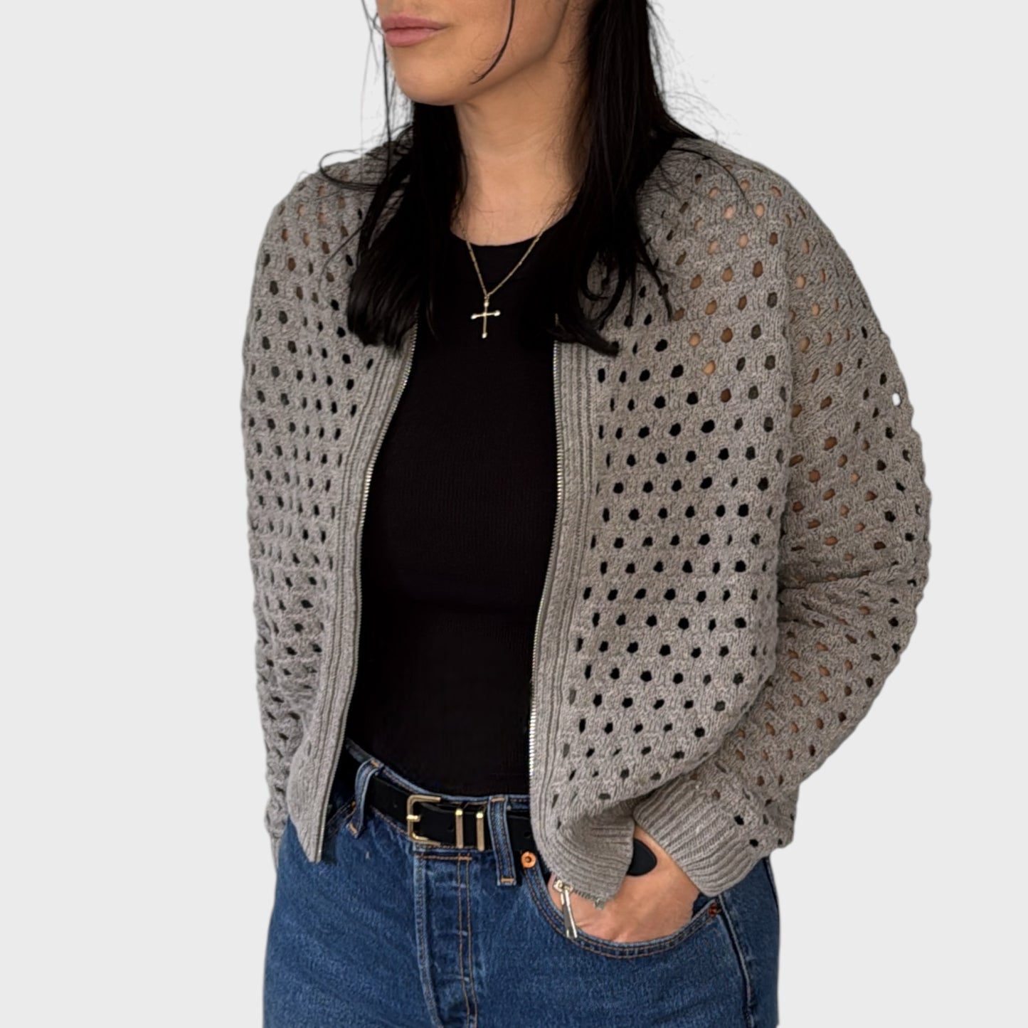 Crochet Zip Up Sweater Cardigan Grey